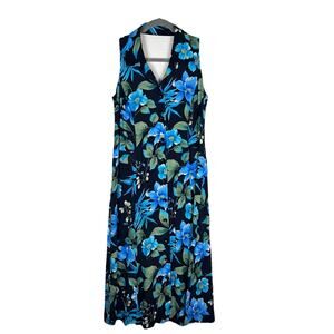 VTG Virgo midi blue floral print sleeveless collared shirtdress Open Back Sz 10